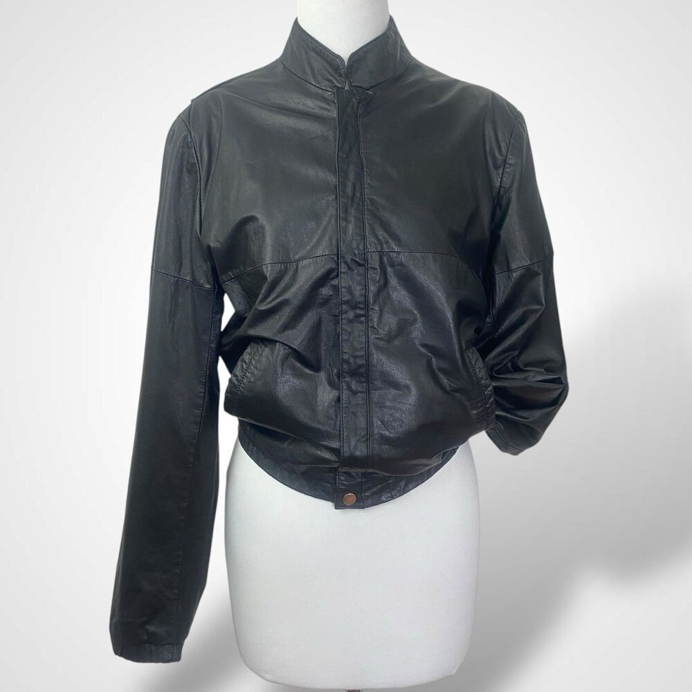 Vintage Y2K Oak Tree Women Black Genuine Leather Zip Jacket Size M 38 Whimsigoth